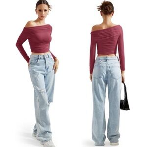 NWT SUUKSESS Women Off Shoulder Long Sleeve Shirts Double Lined Fitted Crop Tops